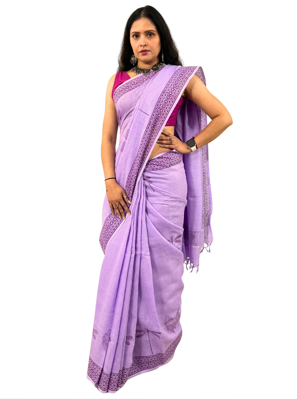 handloom cotton linen white hand block print saree with blouse