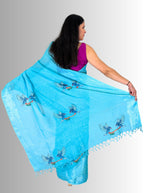 Turquise handloom linen  hand embroiedry saree with blouse
