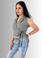 handloom linen grey pin stripes angrakha top