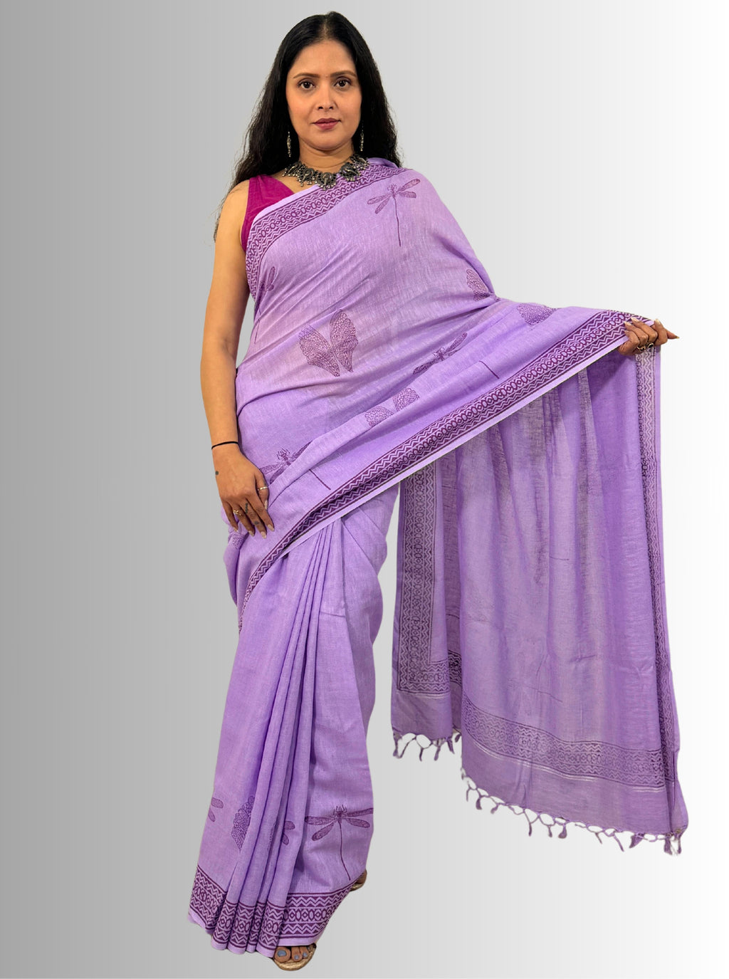 handloom cotton linen white hand block print saree with blouse