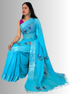 Turquise handloom linen  hand embroiedry saree with blouse