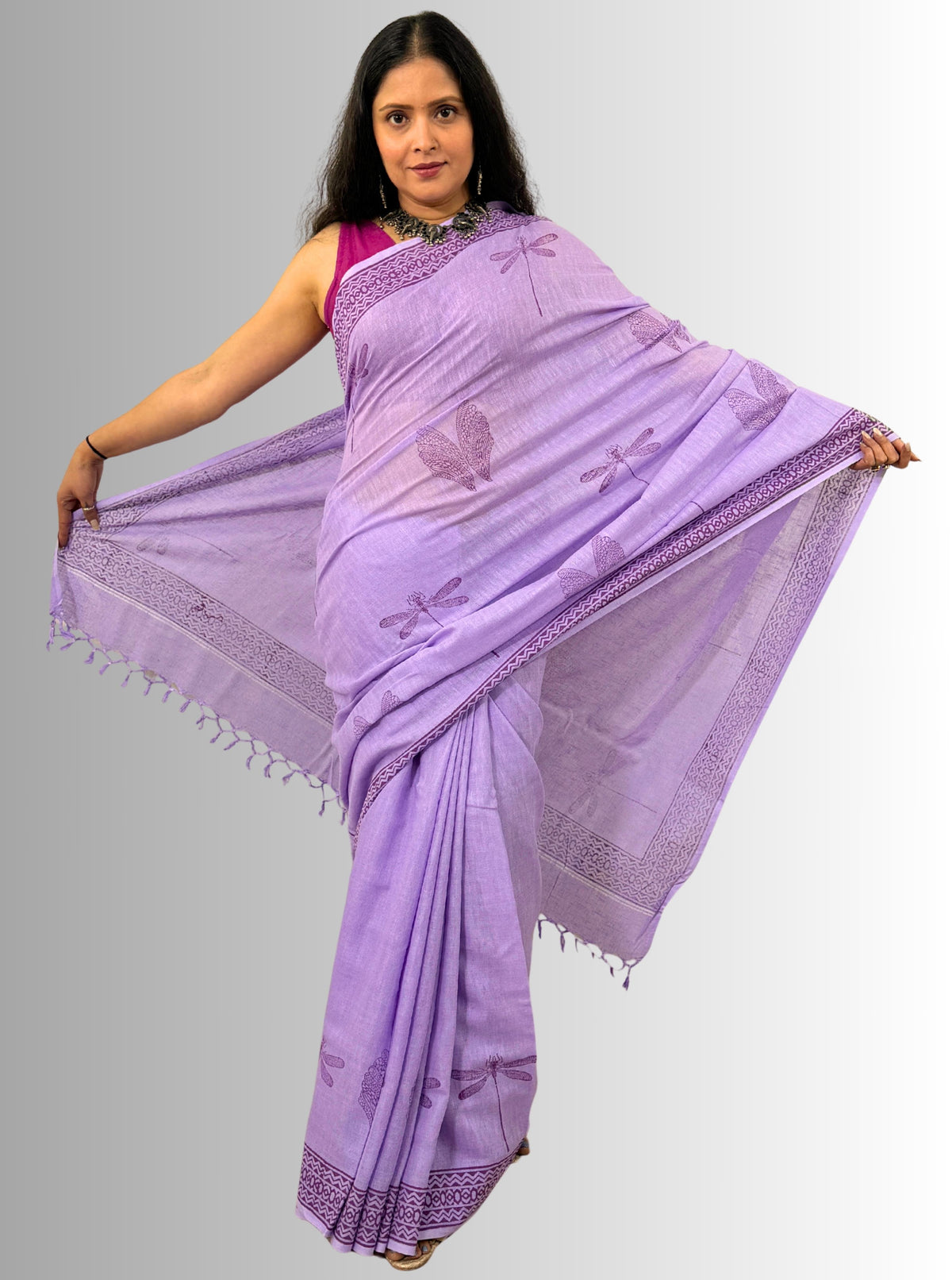 handloom cotton linen white hand block print saree with blouse