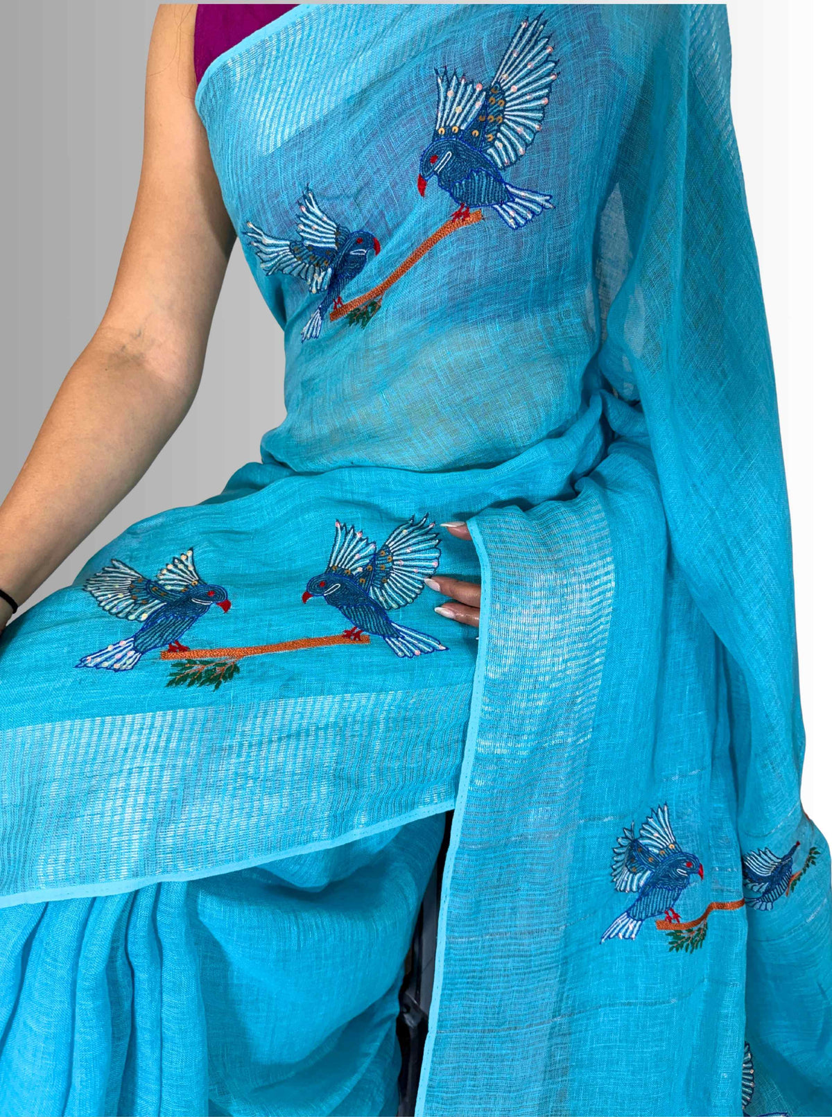 Turquise handloom linen  hand embroiedry saree with blouse