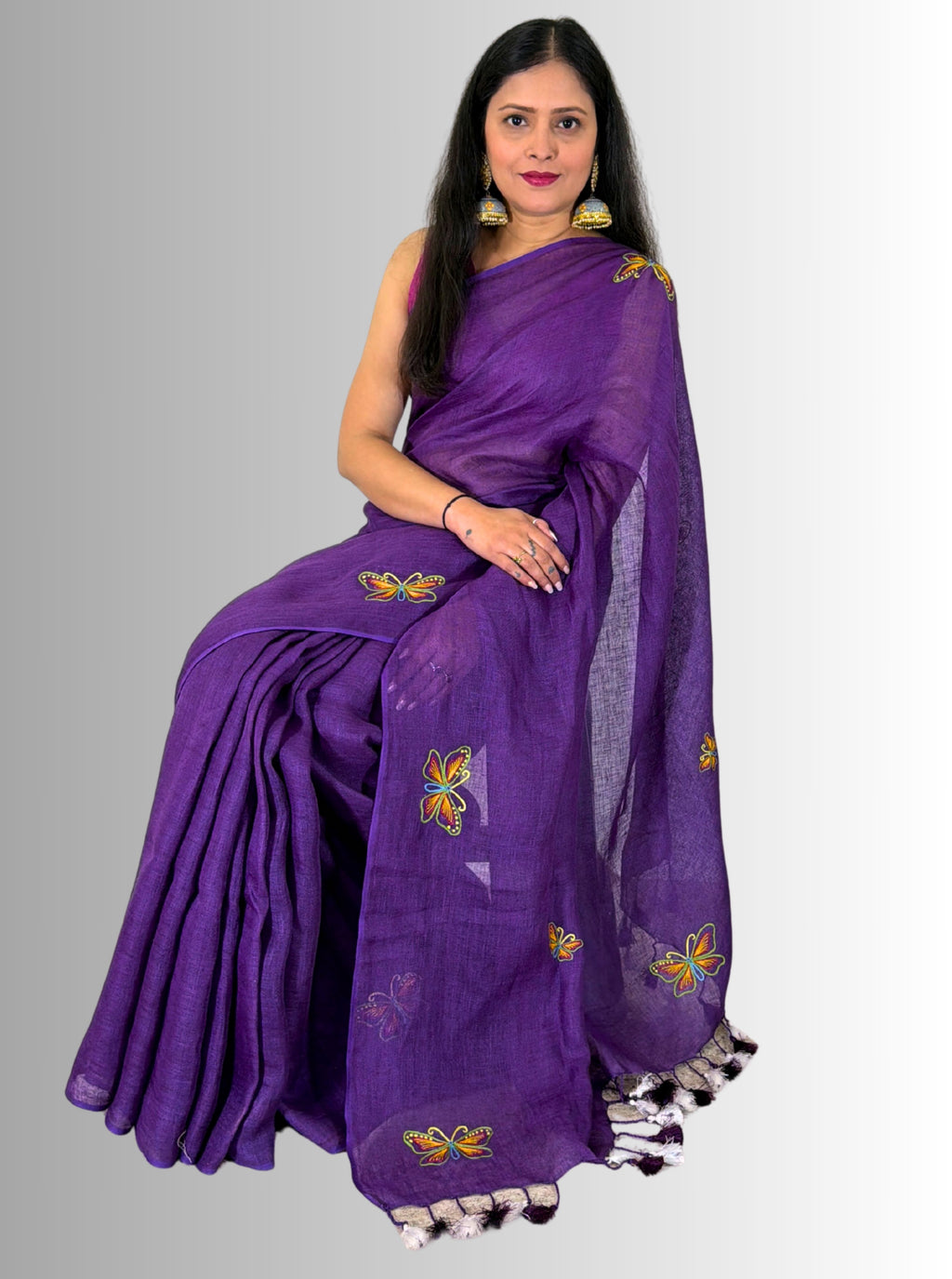 handloom linen with blouse purple hand embroidered saree with butterfly motif