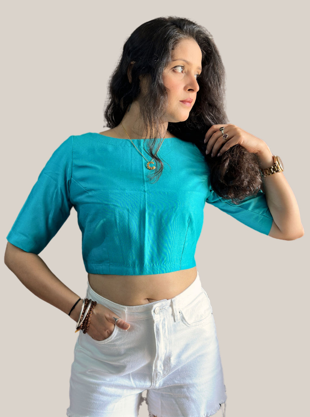 Boat Neck Turquoise Cotton Tussar Silk Blouse with Side Zipper