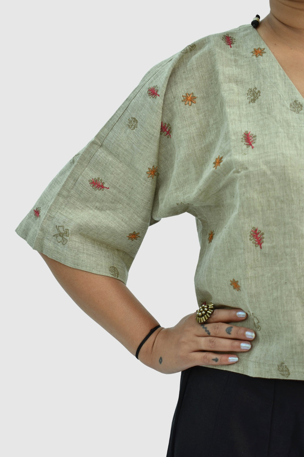 Pure Handloom Cotton Linen Earthy Green Color Hand embroidered Top