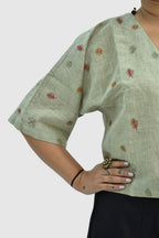 Pure Handloom Cotton Linen Earthy Green Color Hand embroidered Top