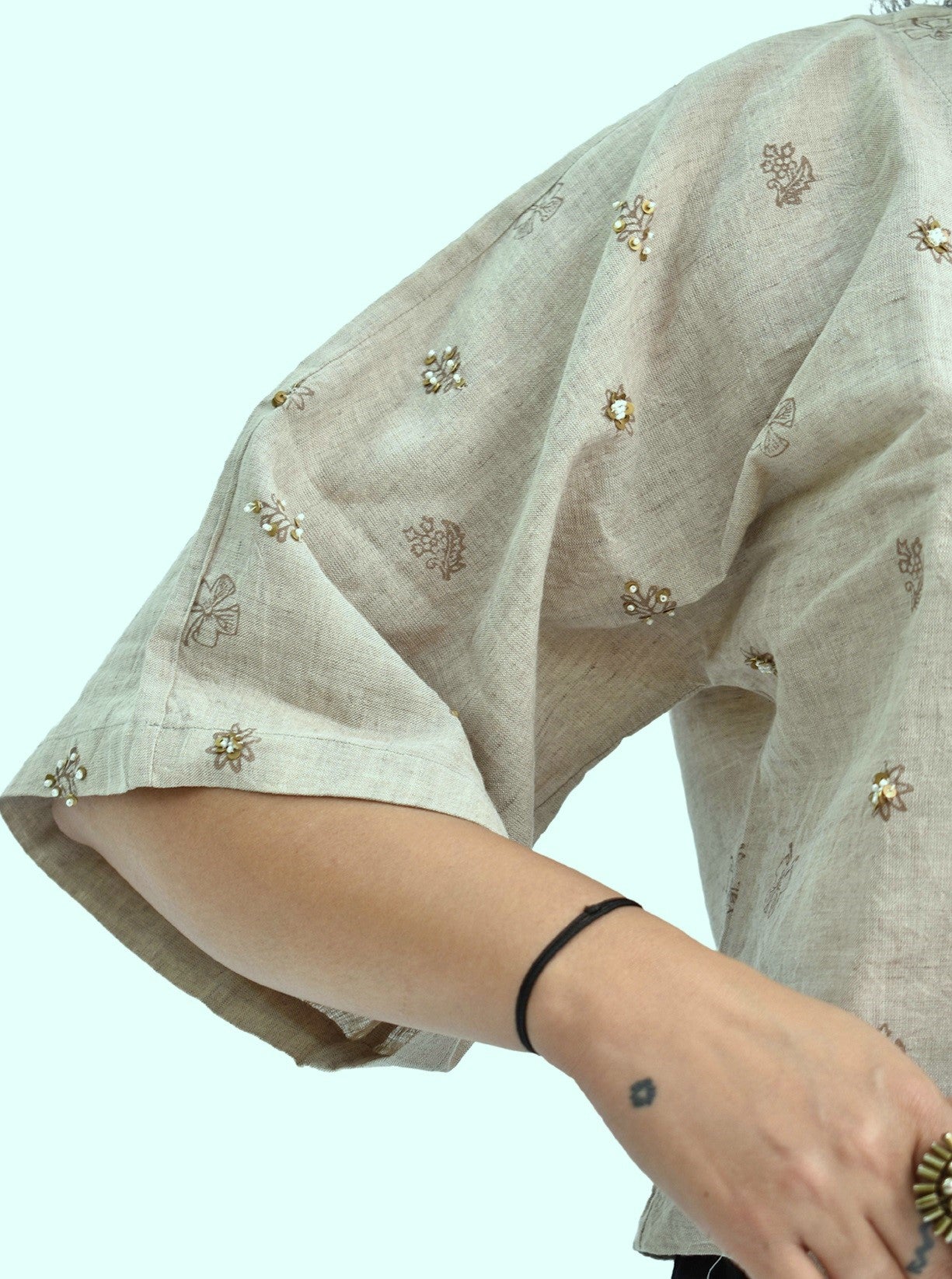 Pure Handloom Cotton Linen Soil Beige Color Hand embroidered Top