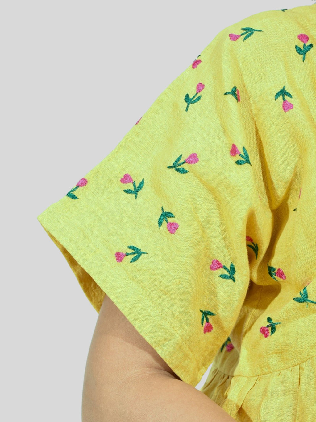 Pure Handloom Linen Haldi Yellow Hand-Embroidered Top