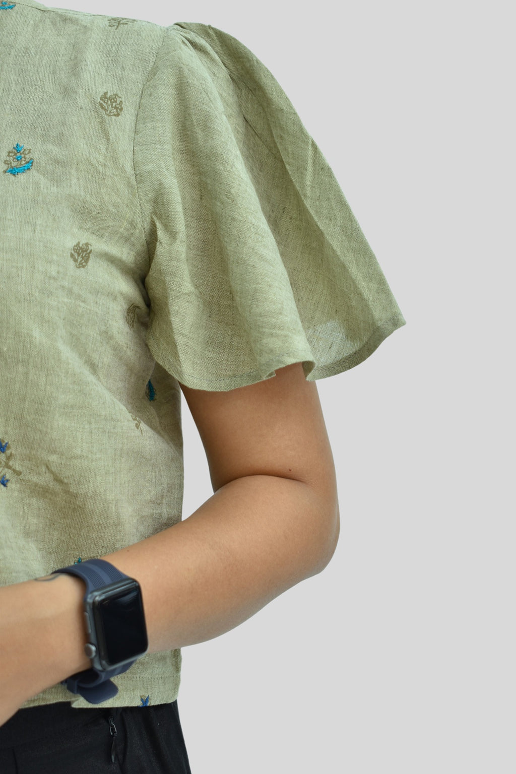 Pure Handloom Cotton Linen Earthy Green Color Hand embroidered Top