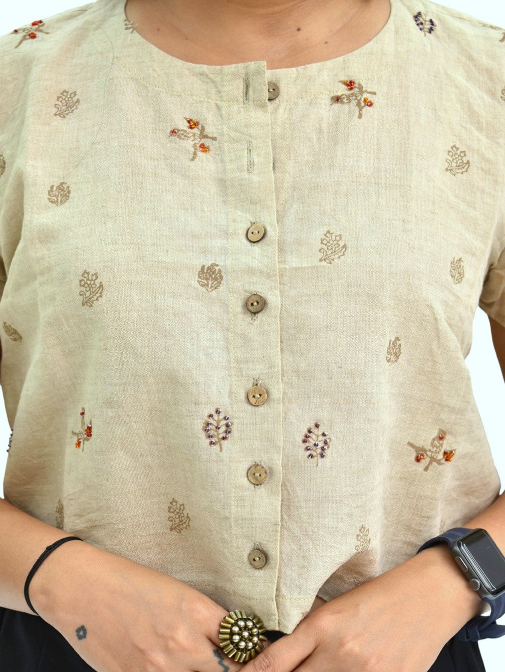 Pure Handloom Cotton Linen Earthy Beige Color Hand embroidered Top