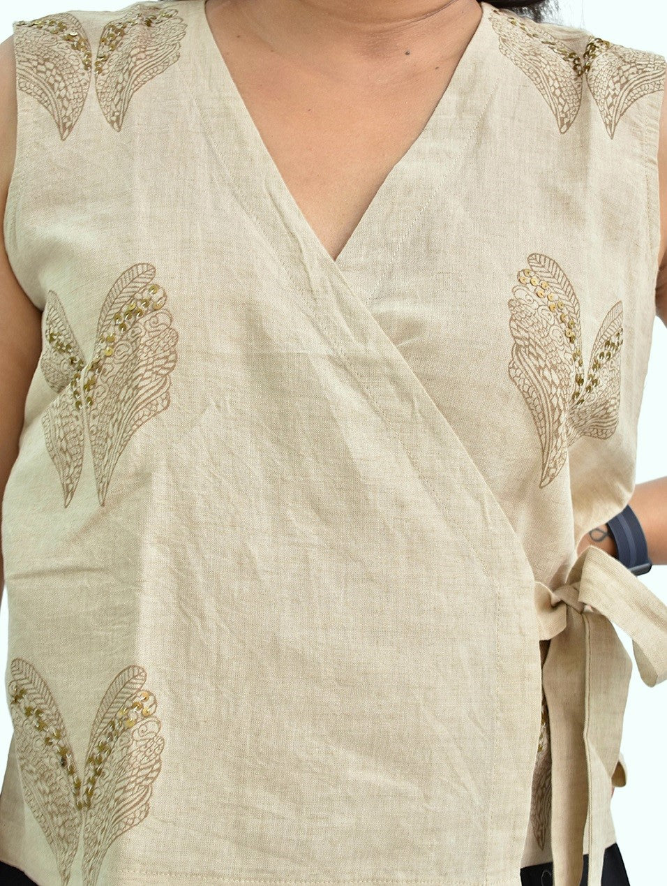 Pure Handloom Cotton Linen Earthy Beige Color Hand embroidered Top