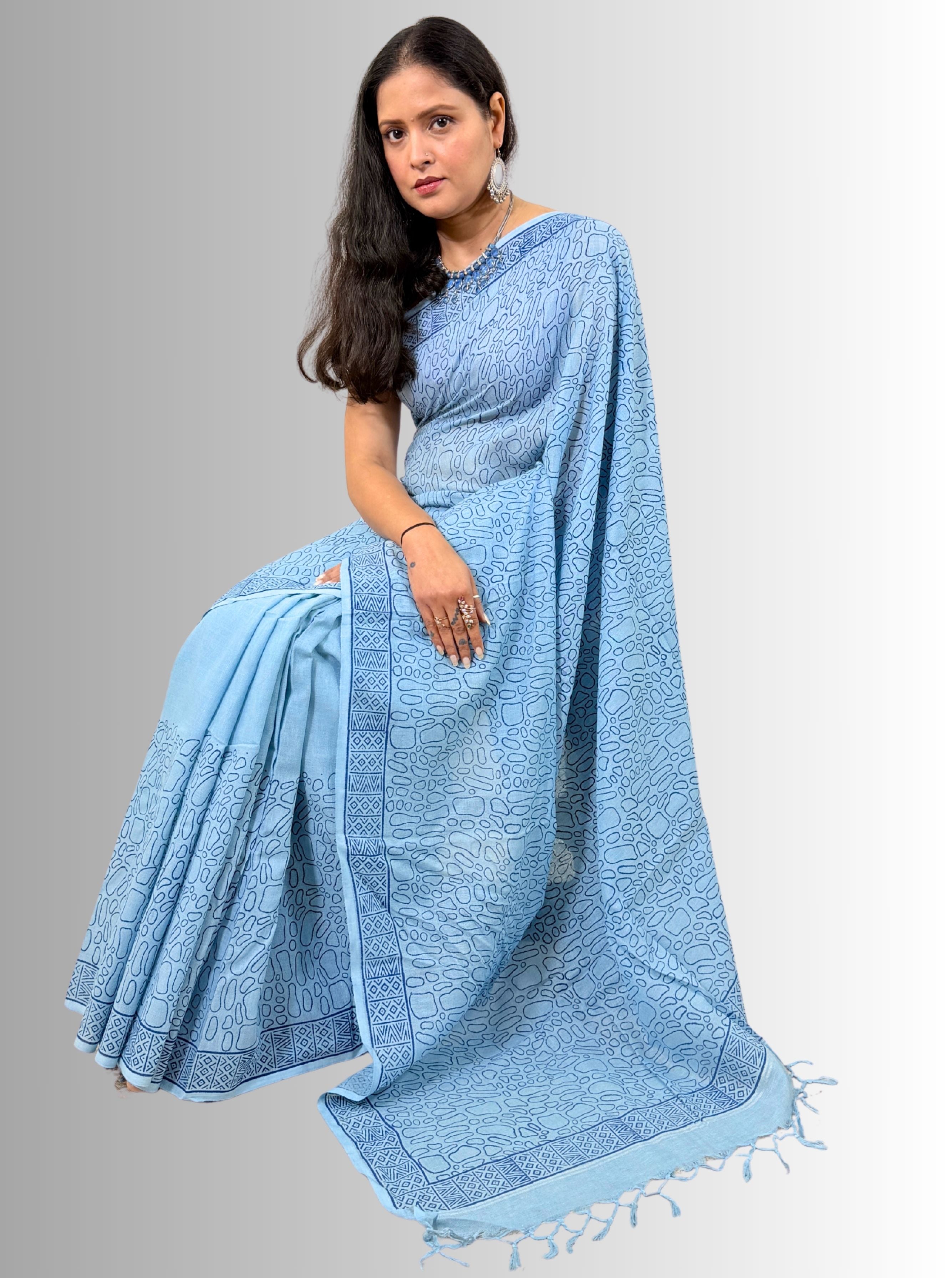 Handloom cotton linen sky blue jaal hand block print saree with blouse