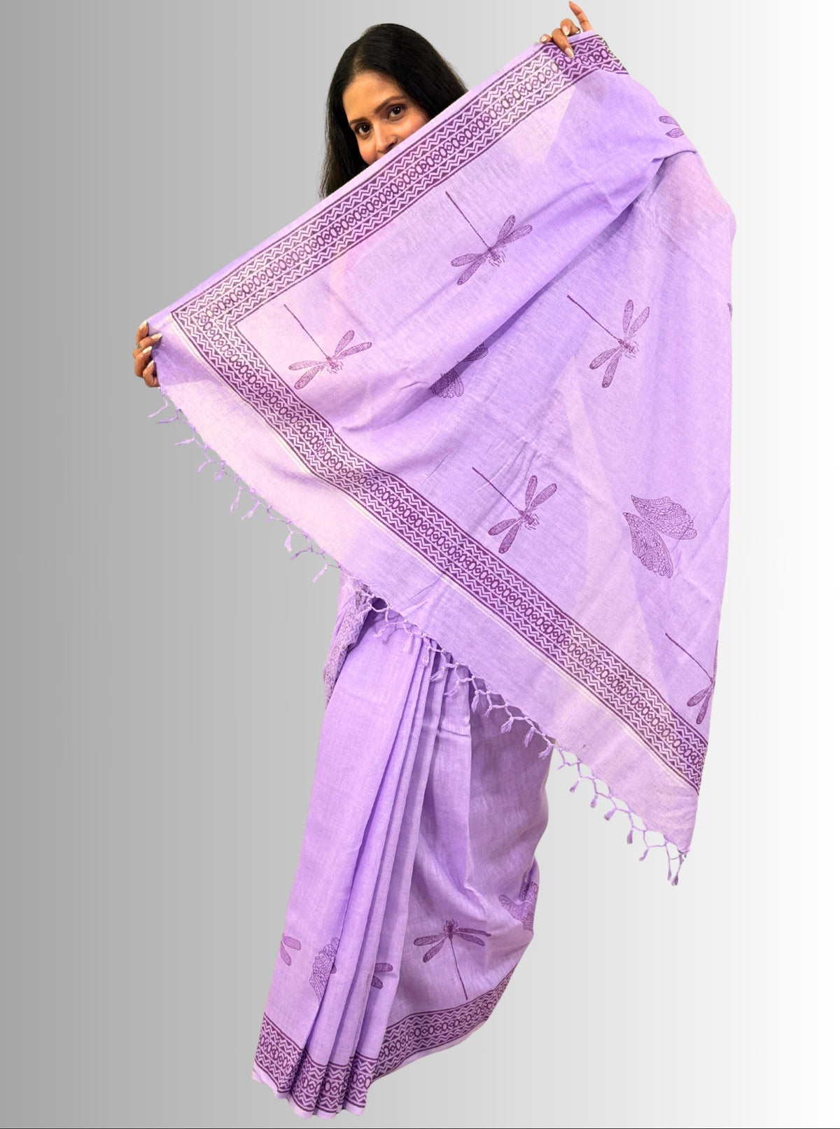 handloom cotton linen white hand block print saree with blouse