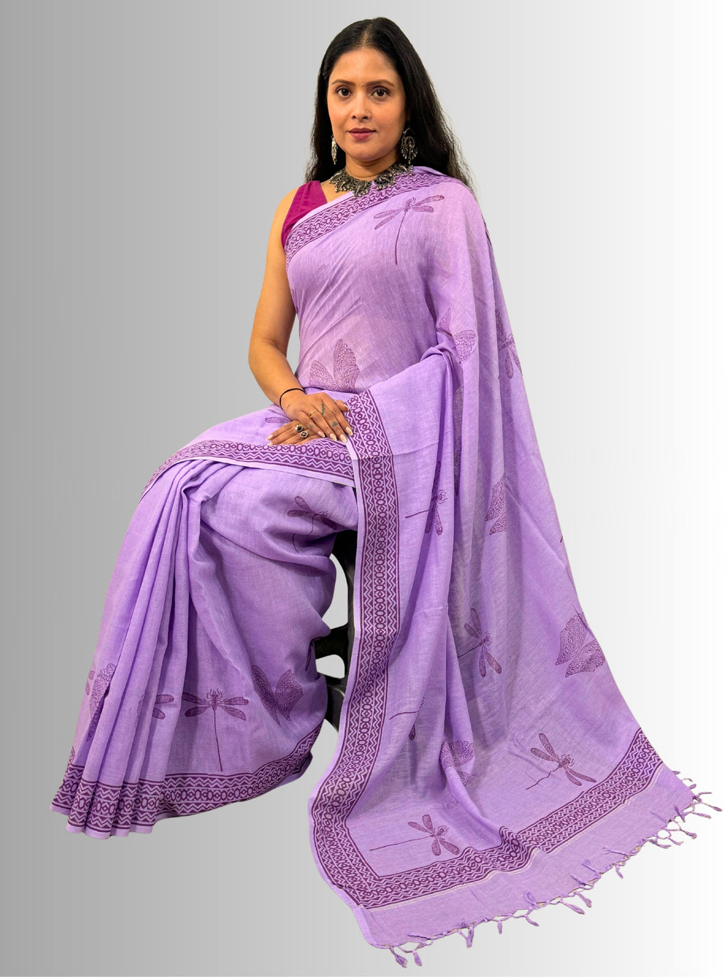 handloom cotton linen white hand block print saree with blouse