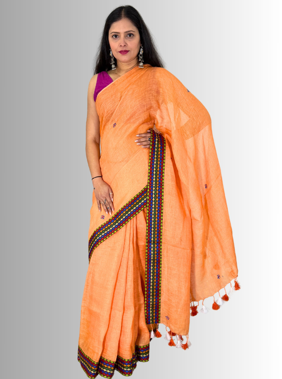 Peach hand embroiedry handloom linen  border saree with blouse