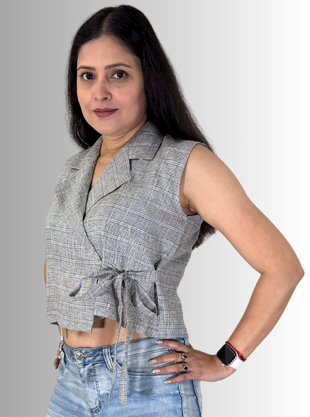 handloom linen check Angrakha top with collar