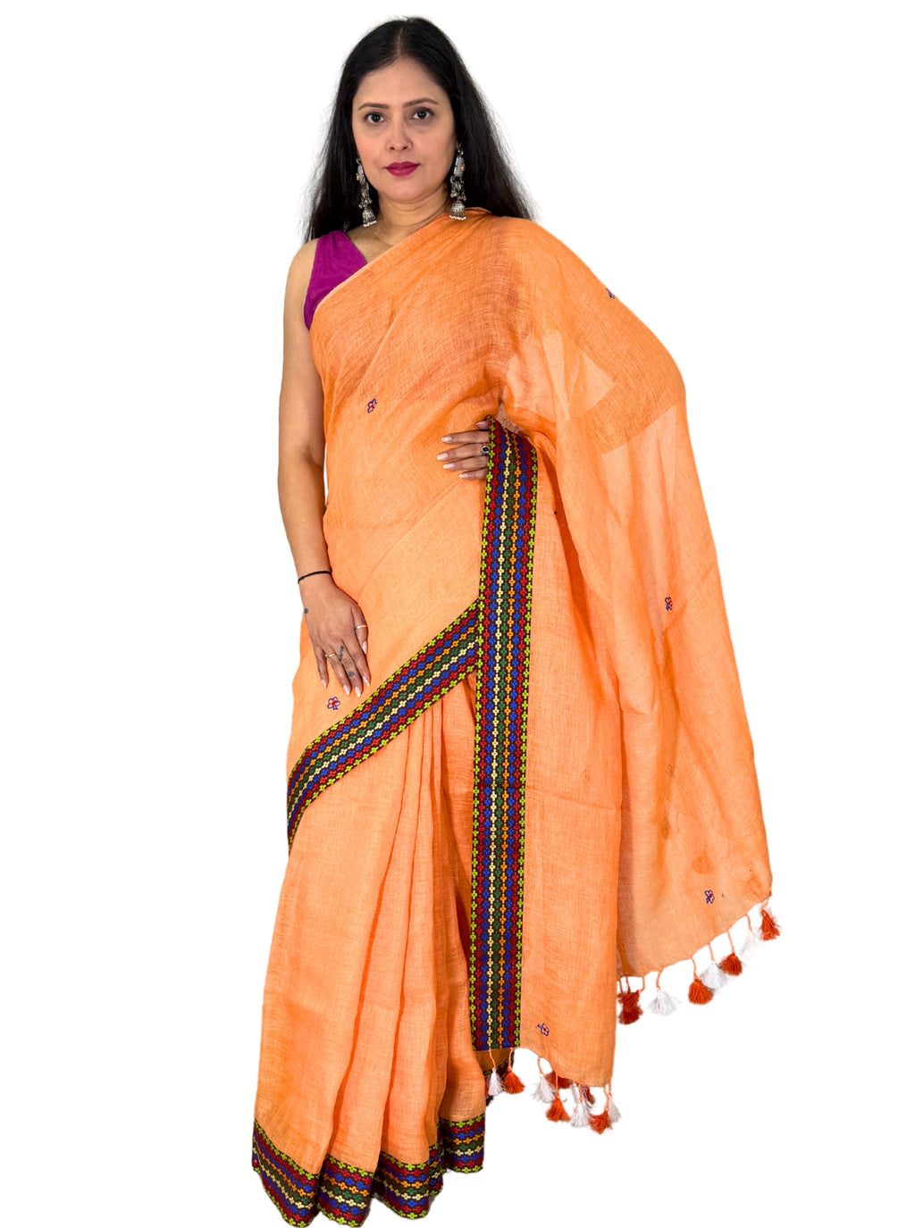 Peach hand embroiedry handloom linen  border saree with blouse