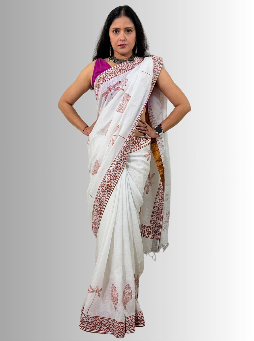handloom cotton linen white hand block print saree with blouse