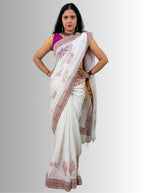 handloom cotton linen white hand block print saree with blouse