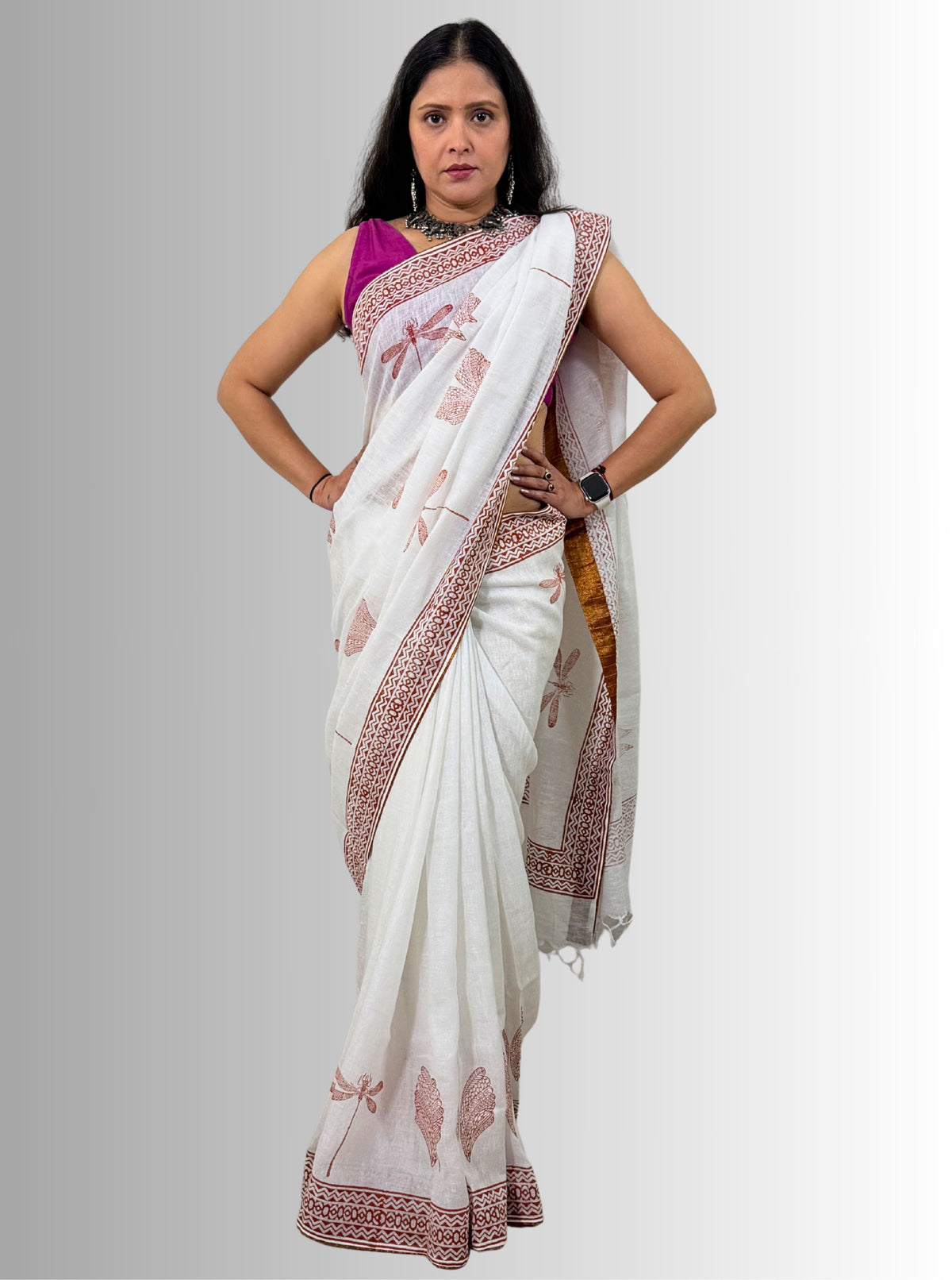 handloom cotton linen white hand block print saree with blouse