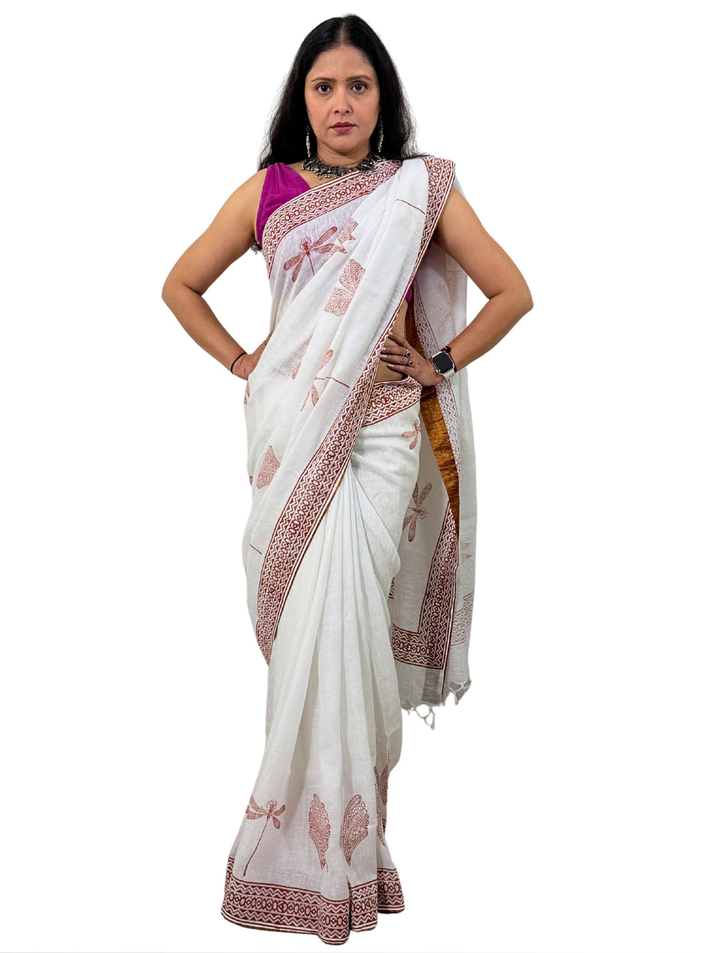 handloom cotton linen white hand block print saree with blouse