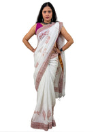 handloom cotton linen white hand block print saree with blouse