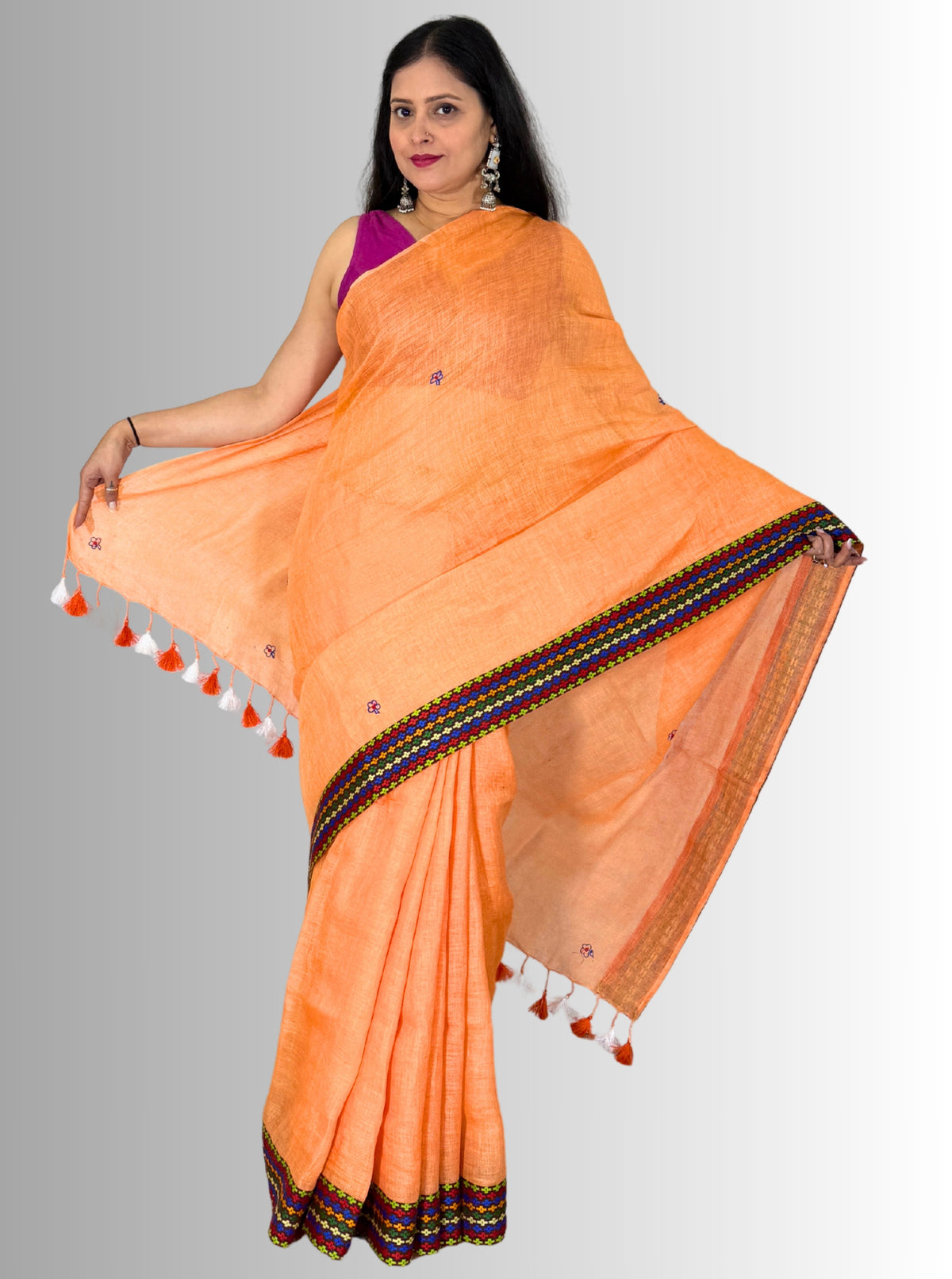 Peach hand embroiedry handloom linen  border saree with blouse