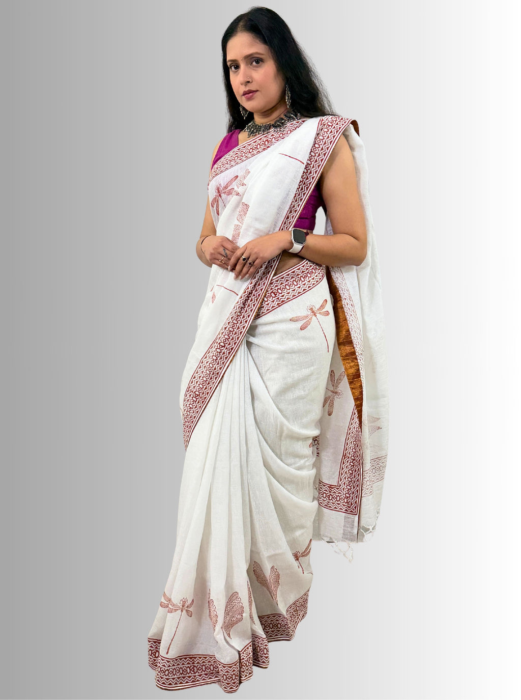 handloom cotton linen white hand block print saree with blouse