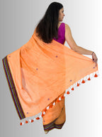 Peach hand embroiedry handloom linen  border saree with blouse