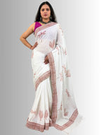handloom cotton linen white hand block print saree with blouse