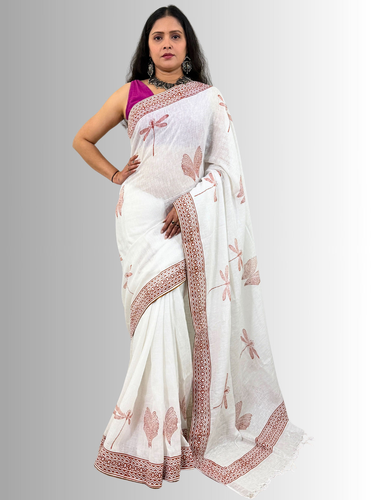 handloom cotton linen white hand block print saree with blouse