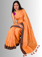 Peach hand embroiedry handloom linen  border saree with blouse