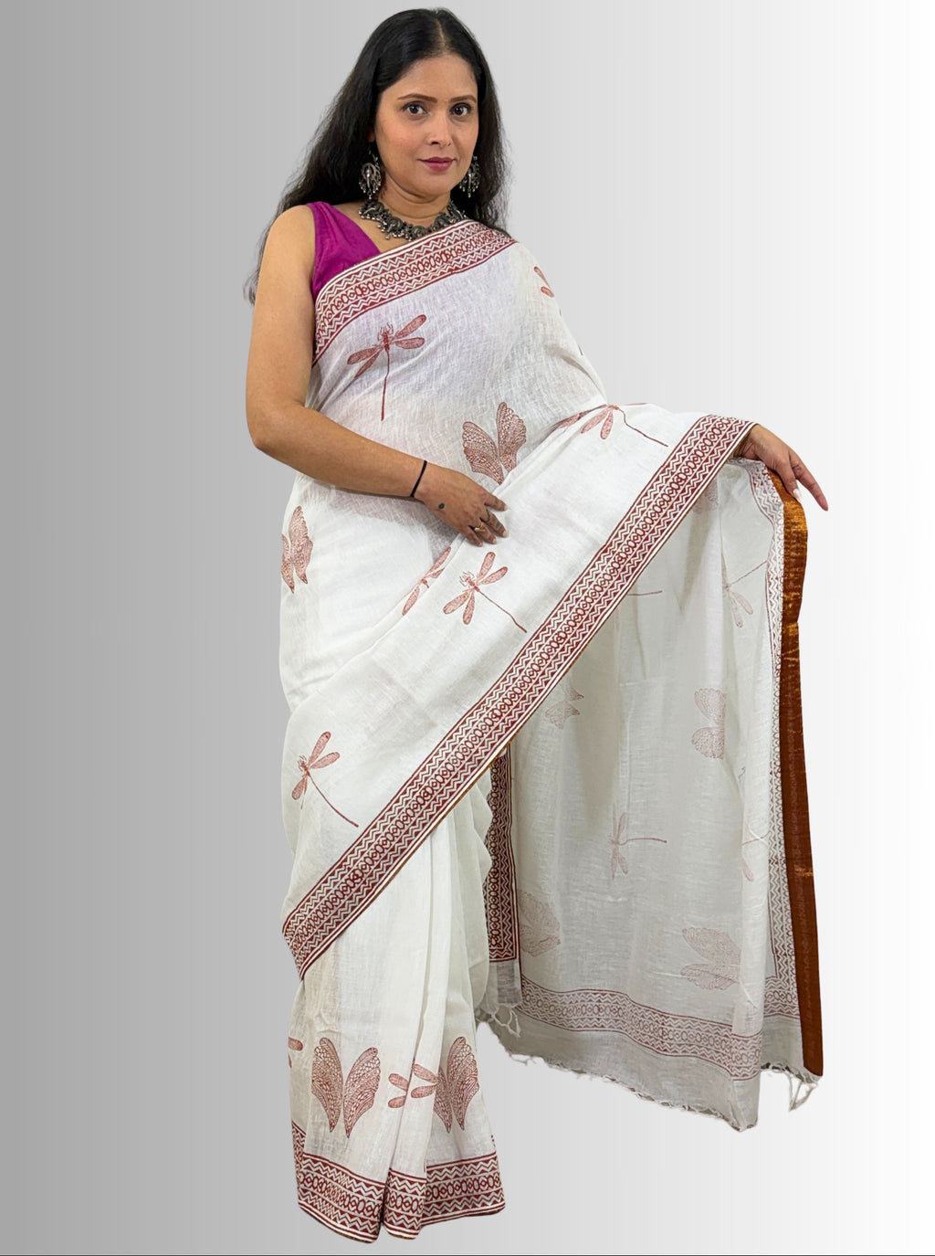handloom cotton linen white hand block print saree with blouse