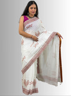 handloom cotton linen white hand block print saree with blouse