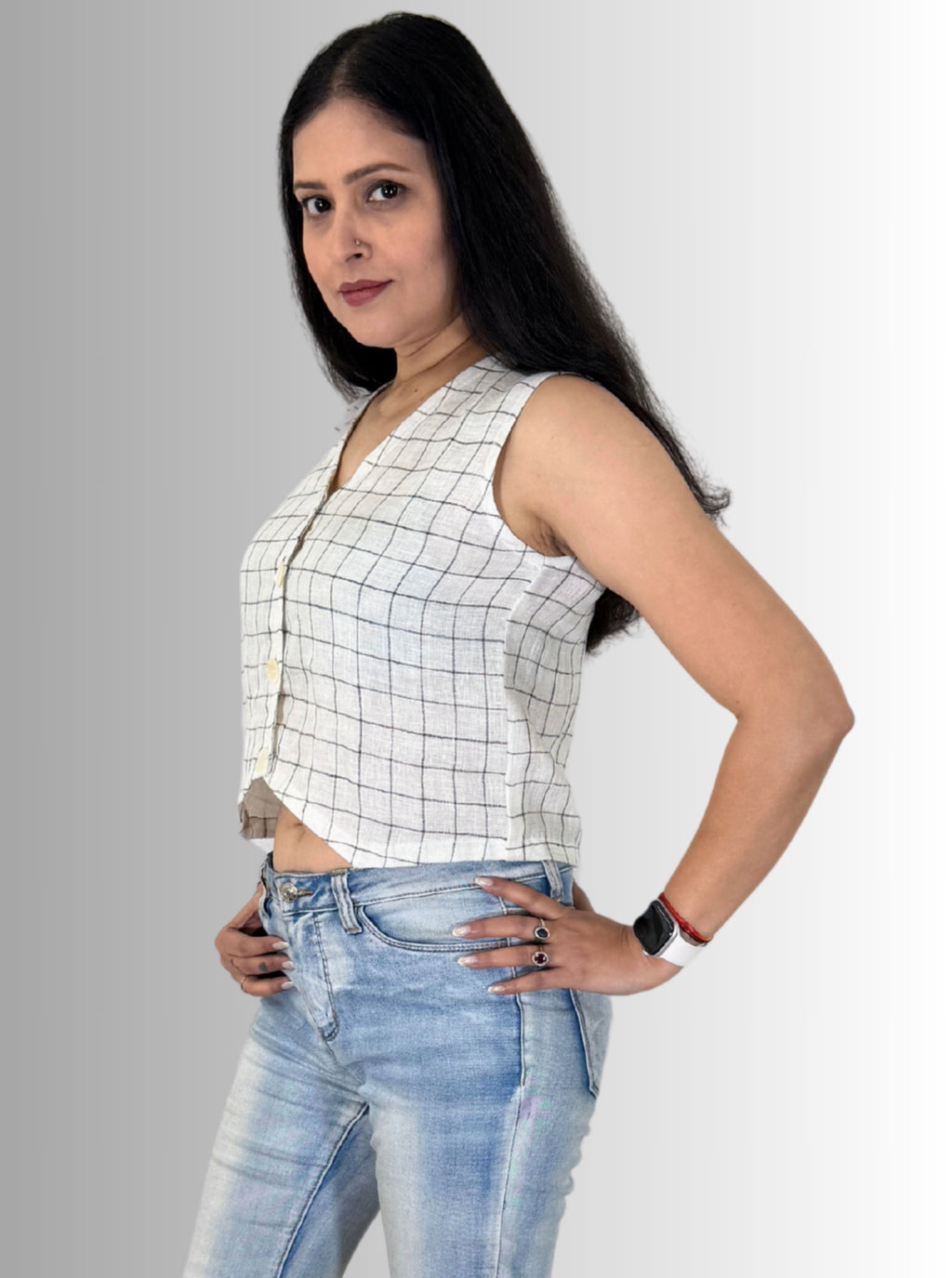 handloom linen check white colour west coat top