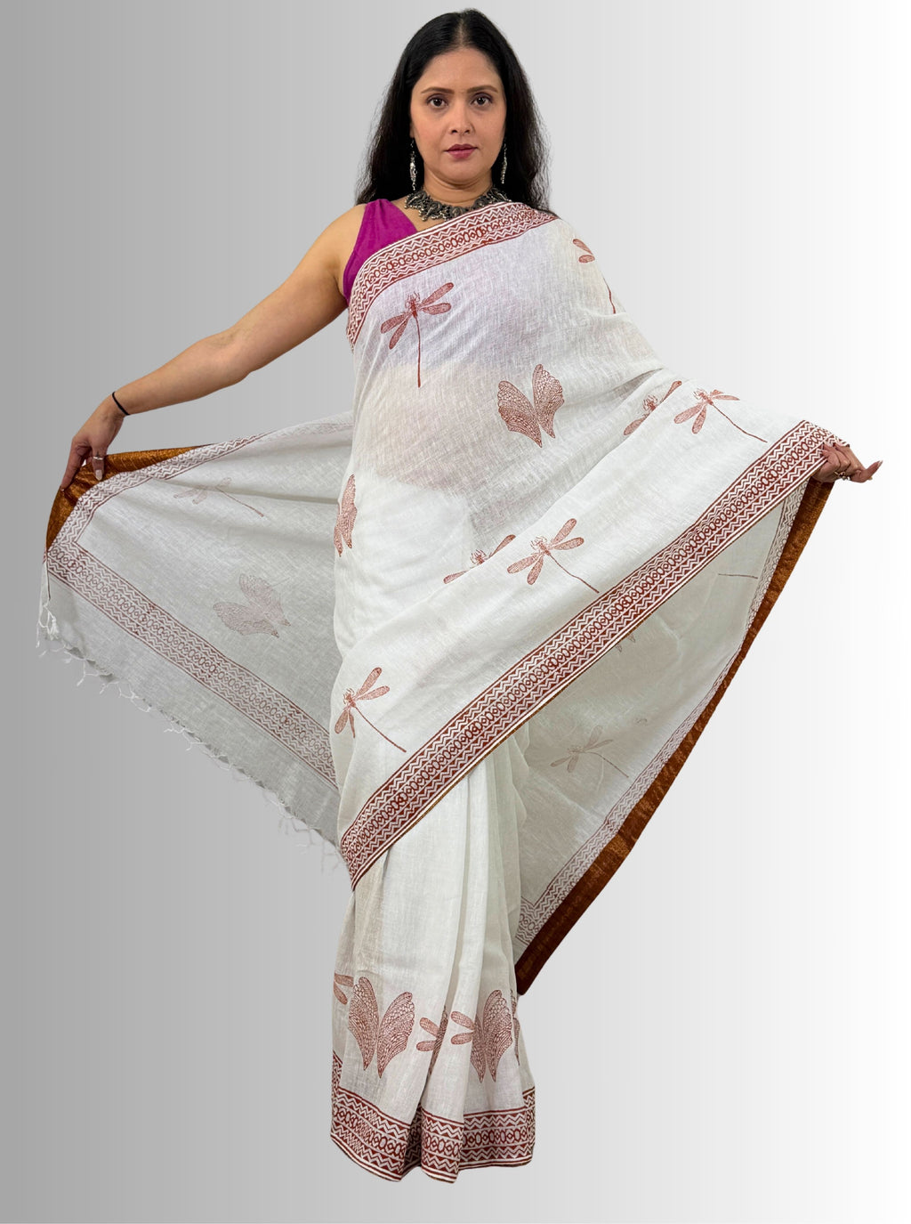 handloom cotton linen white hand block print saree with blouse
