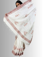 handloom cotton linen white hand block print saree with blouse