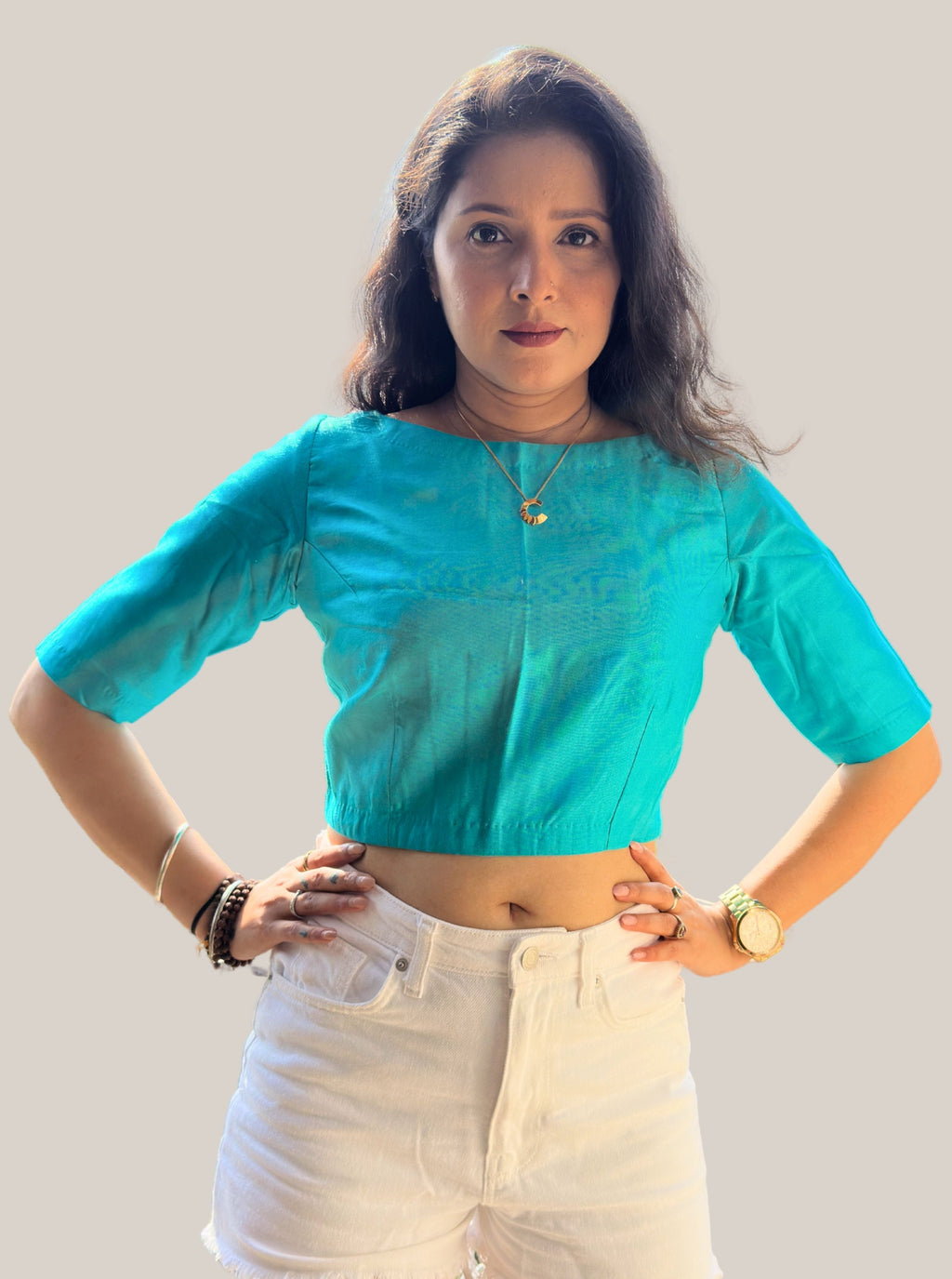 Boat Neck Turquoise Cotton Tussar Silk Blouse with Side Zipper