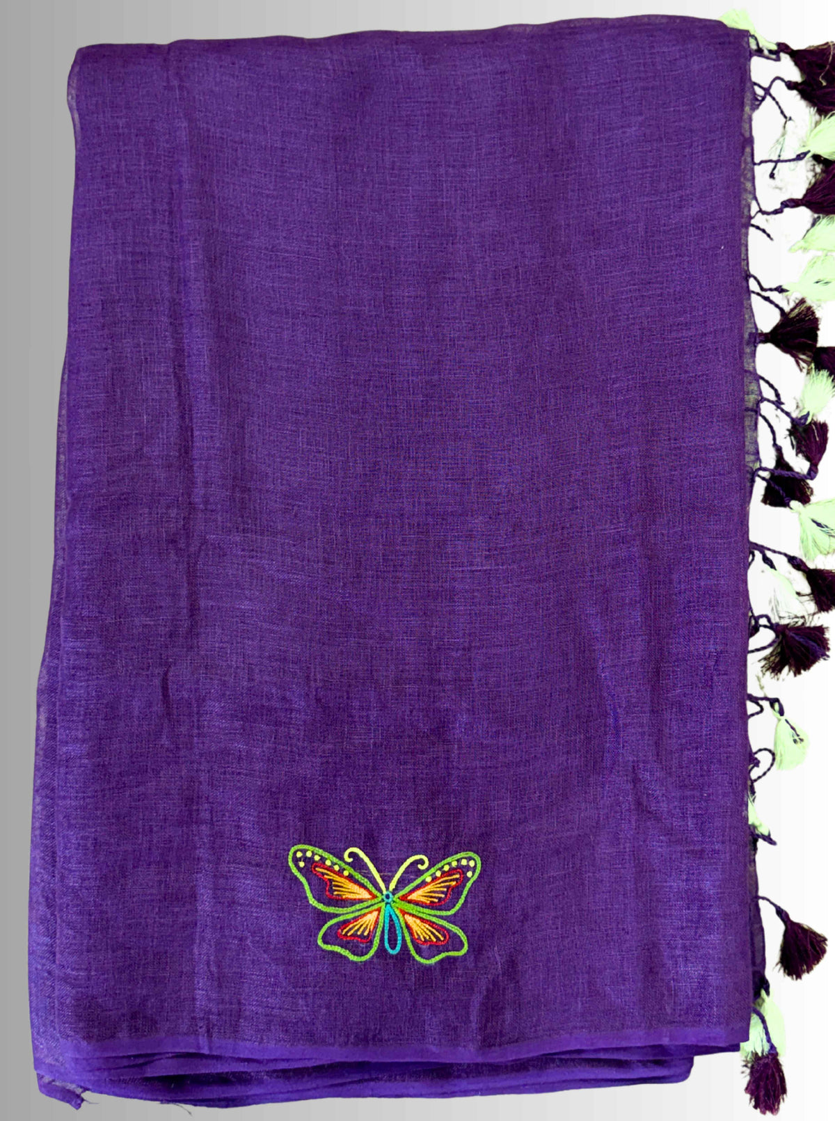 handloom linen with blouse purple hand embroidered saree with butterfly motif