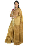 Mustured yellow handloom linen dabu hand block print saree with blouse