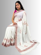 handloom cotton linen white hand block print saree with blouse