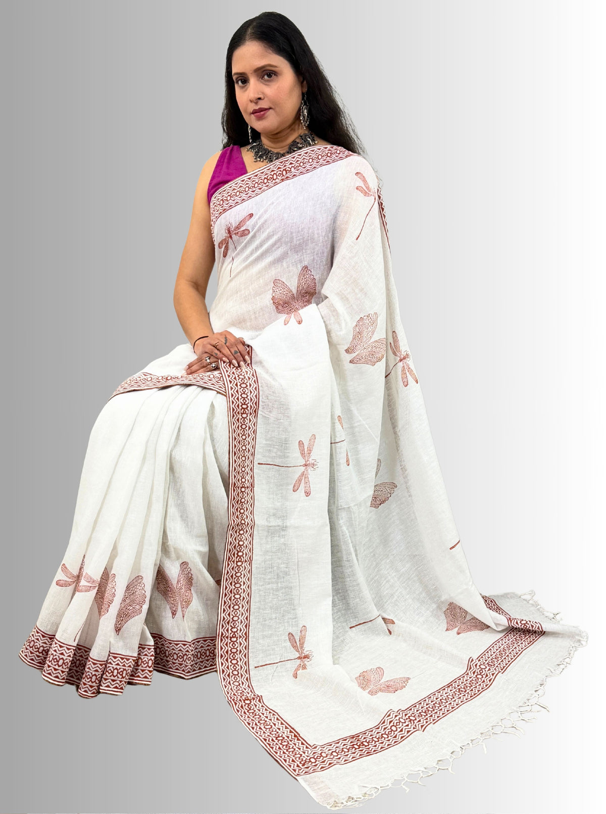 handloom cotton linen white hand block print saree with blouse