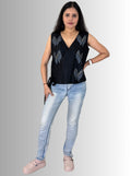handloom tassar silk cotton black angrakha top with hand block print and hand embroiedry