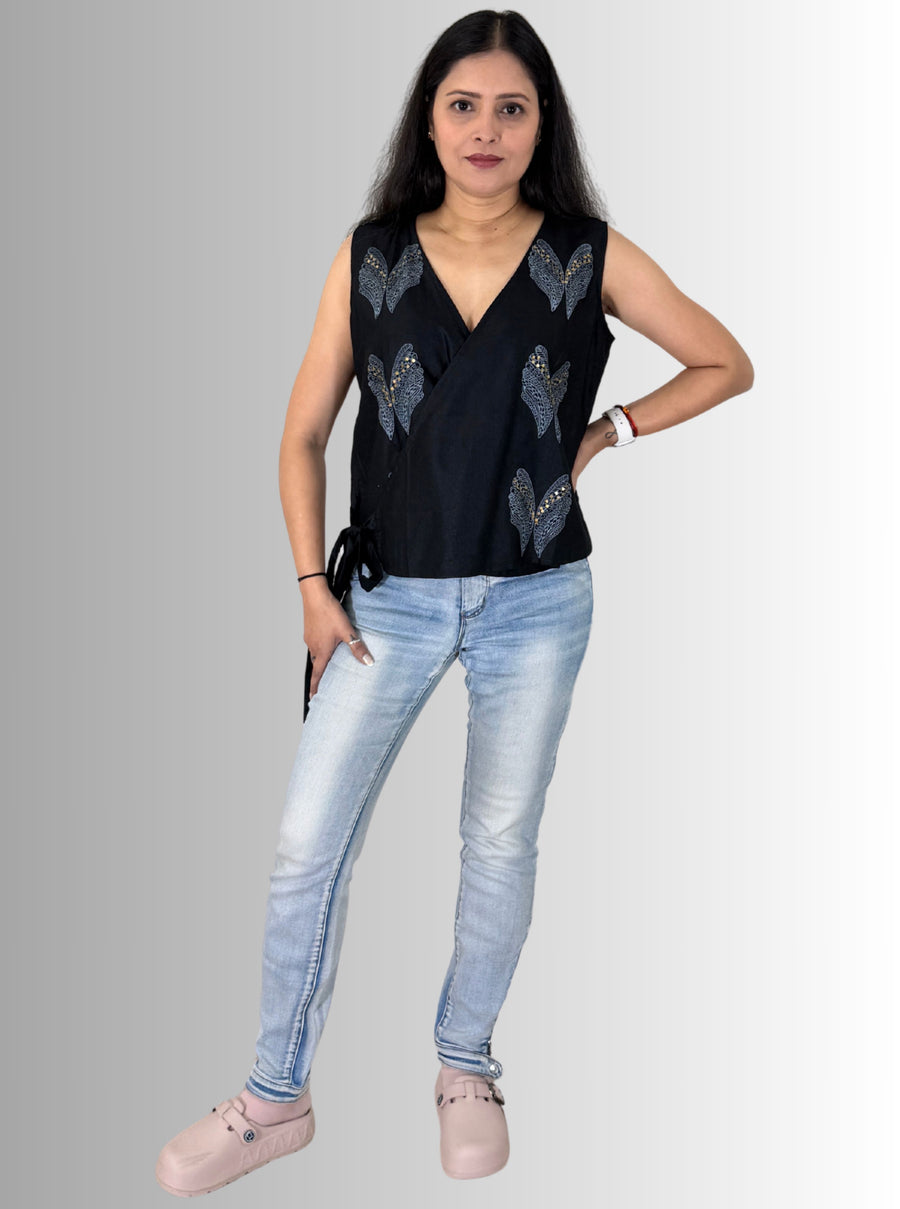 handloom tassar silk cotton black angrakha top with hand block print and hand embroiedry
