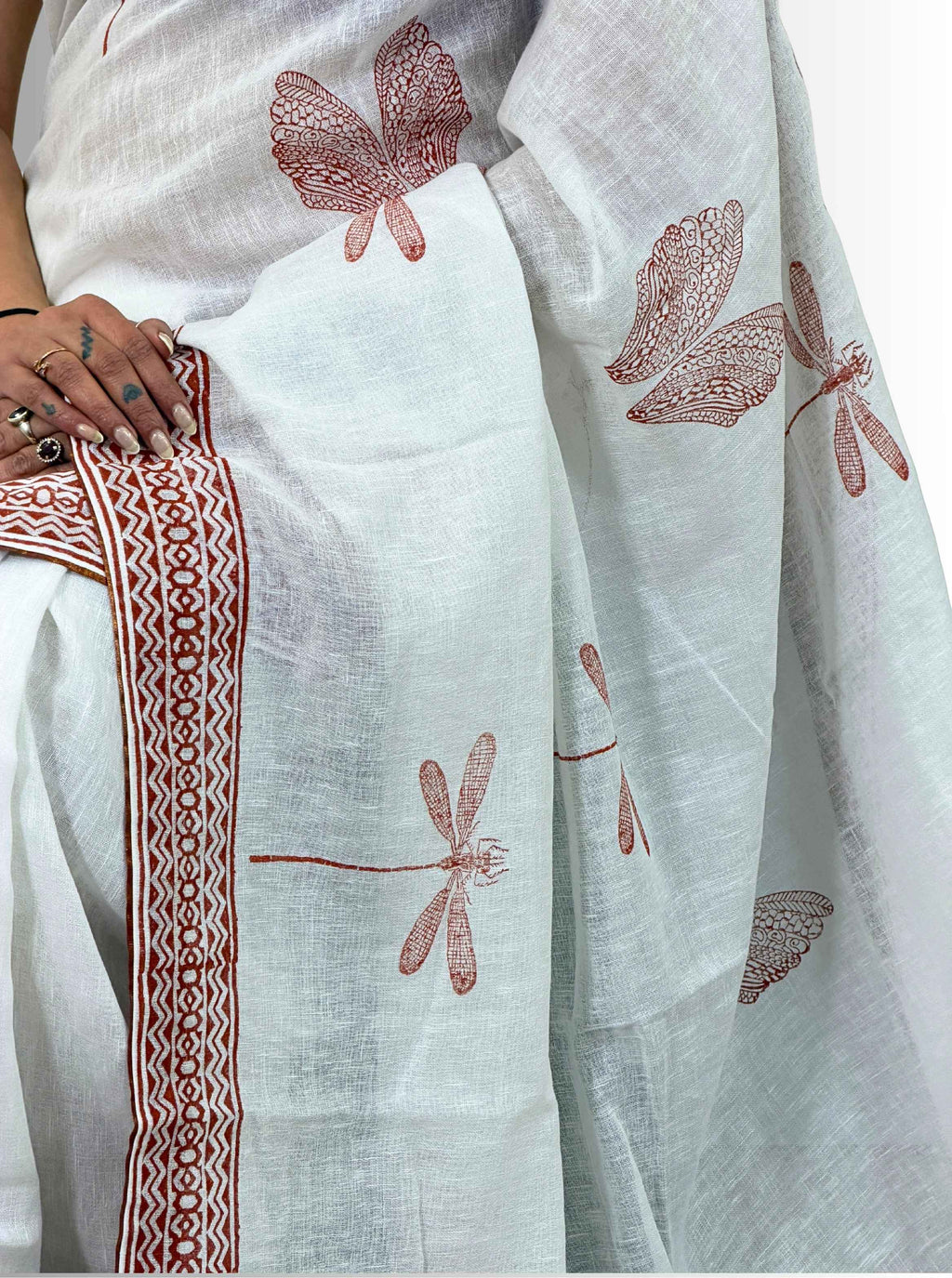handloom cotton linen white hand block print saree with blouse