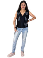 handloom tassar silk cotton black angrakha top with hand block print and hand embroiedry
