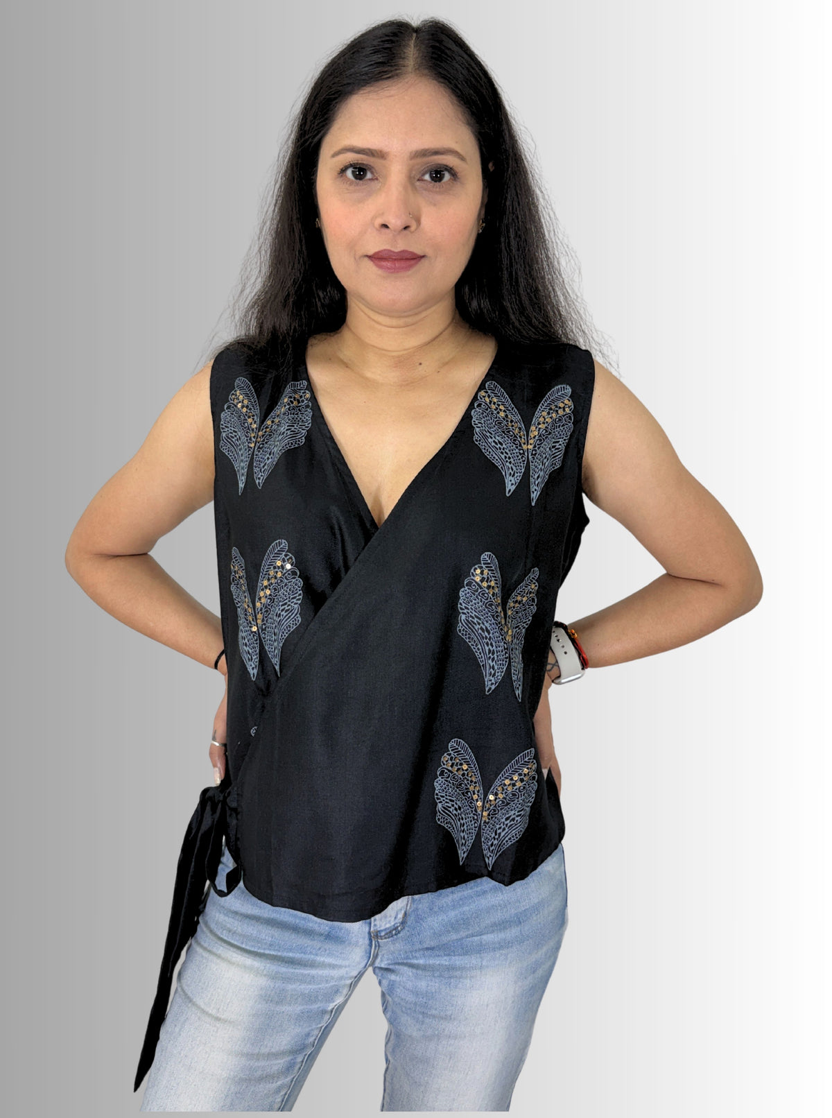 handloom tassar silk cotton black angrakha top with hand block print and hand embroiedry