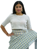 Handloom Silver Stripes Tissue Linen Blouse with Round Neck and Back Wooden Buttons