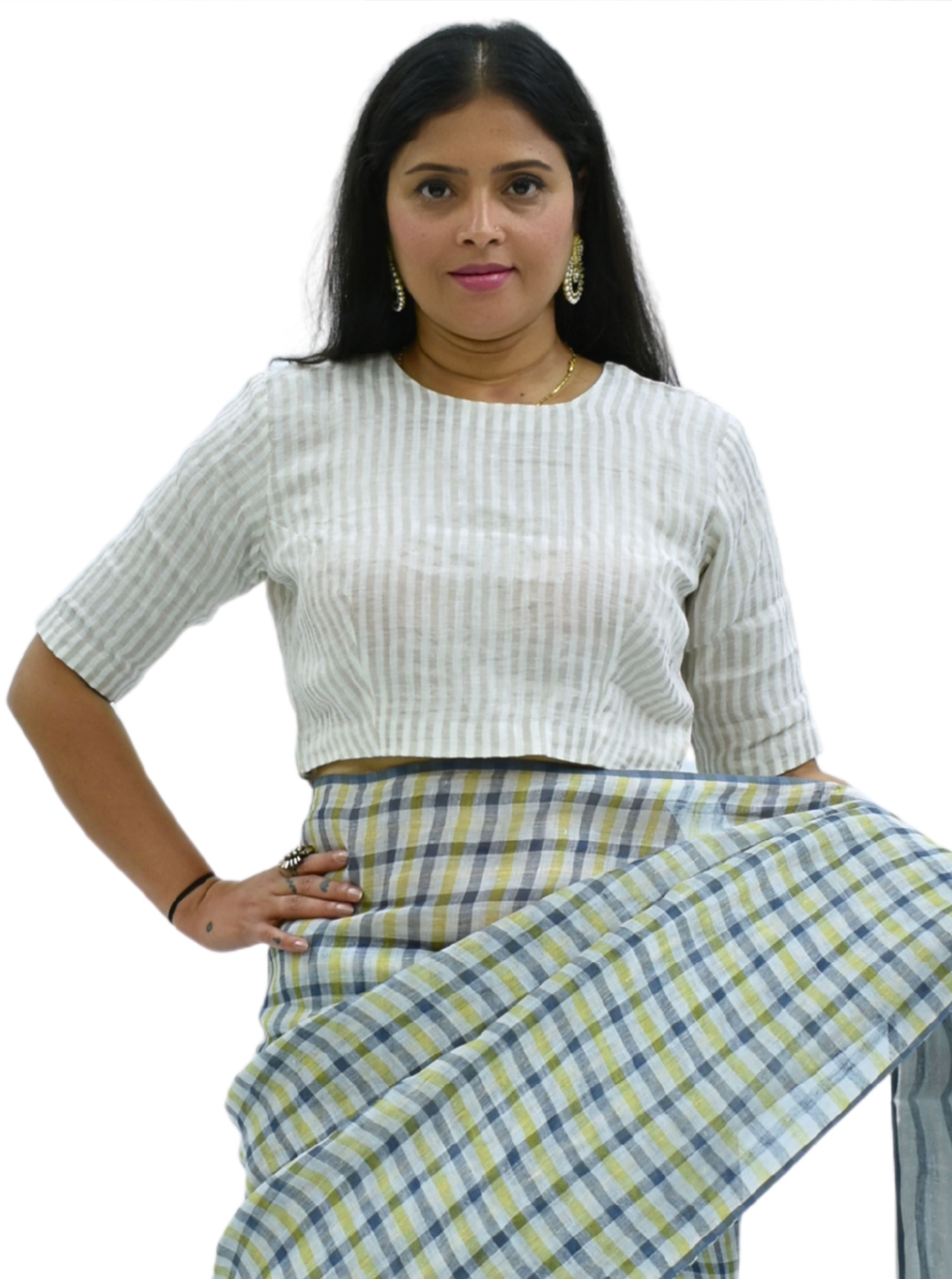 Handloom Silver Stripes Tissue Linen Blouse with Round Neck and Back Wooden Buttons